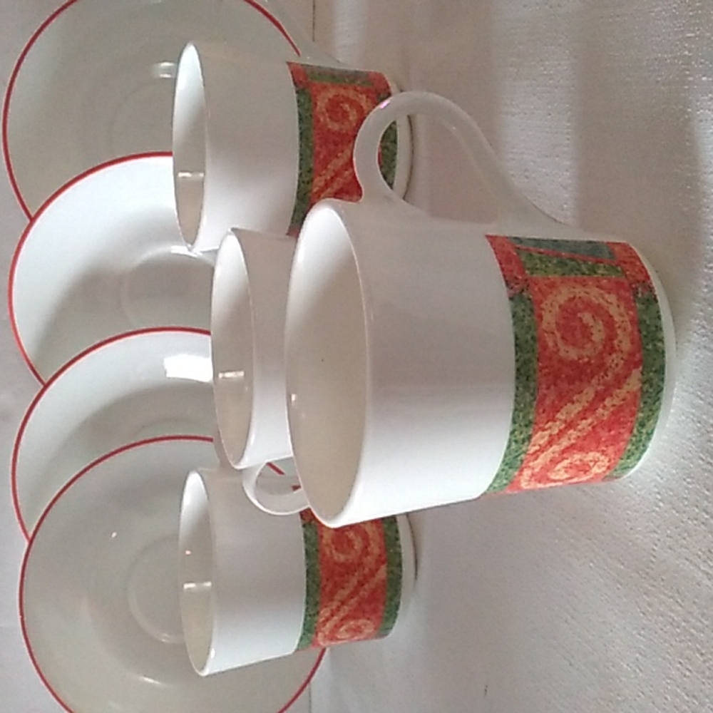 8 pc Corelle Sand Art 4 tea cups / coffee mugs & 4 Saucer plates